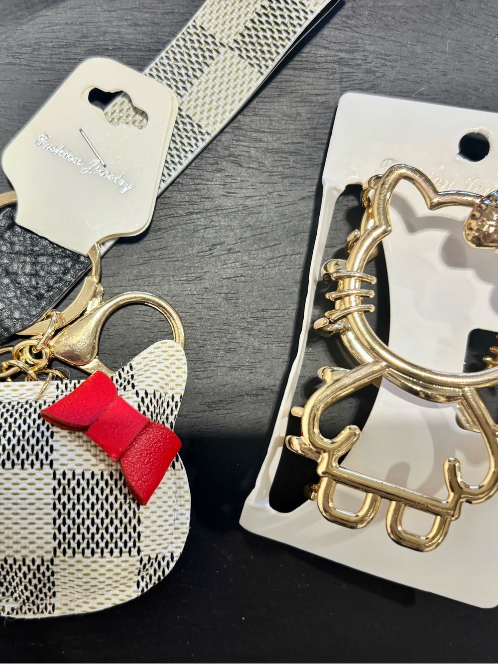 Set of 3- Hello Kitty Gold & Red Bow Keychain Set/ Hello Kitty metal hair clip